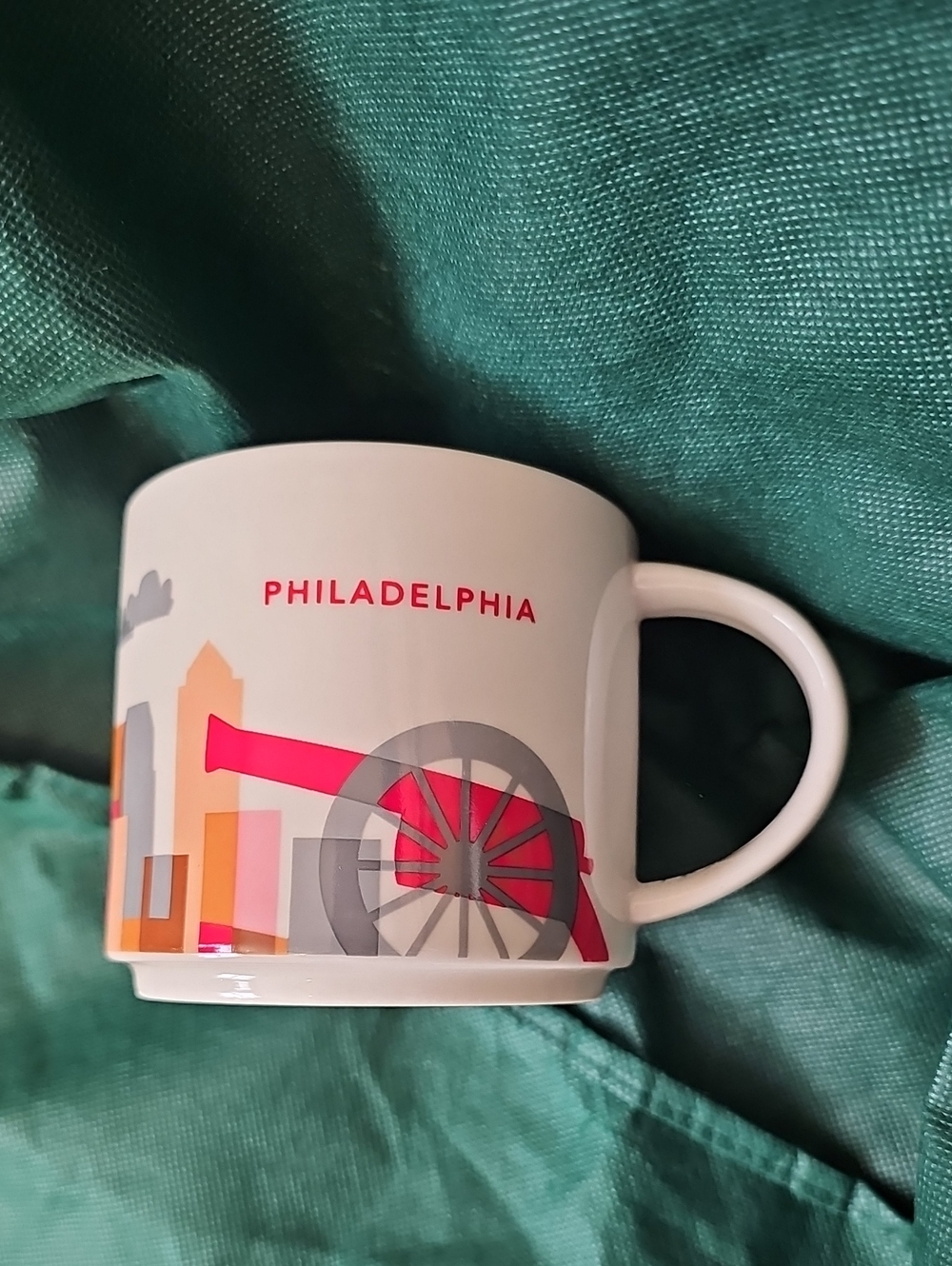 Starbucks 2013 Philadelphia Ceramic Mug — White with Pink and Gray Accents